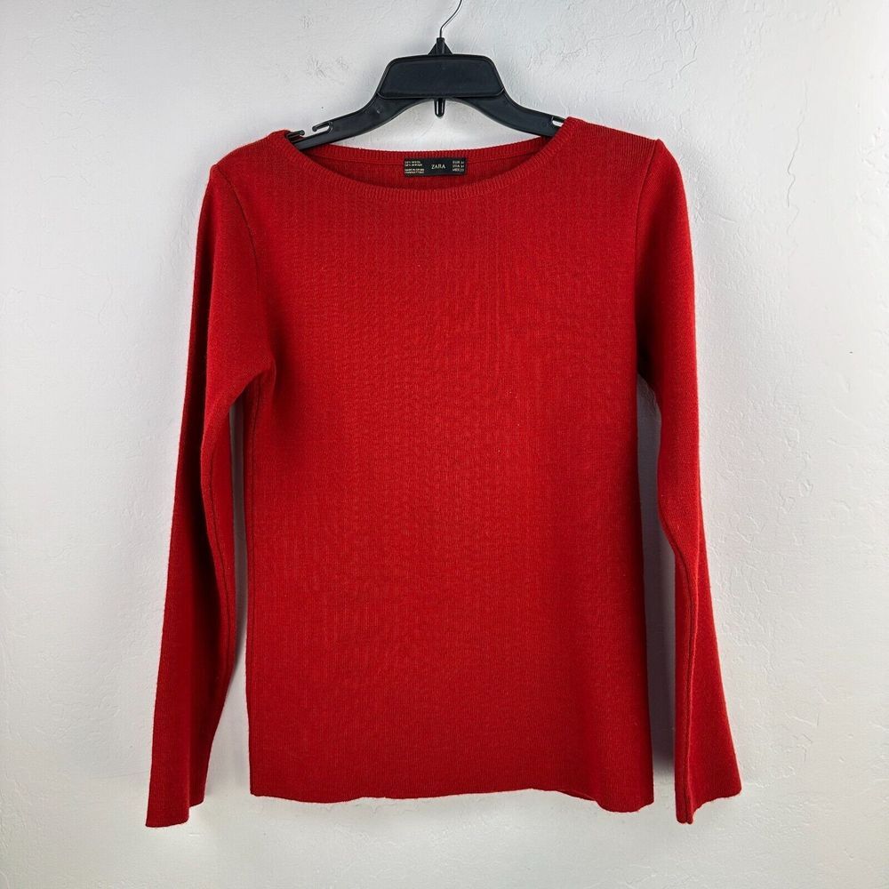Zara Sweater Womens Medium Red Boat Neck Knit Long Sleeve Minimalist Cozy